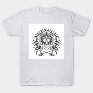 Skull in Indian War Bonnet and Arrows Tattoo T-Shirt